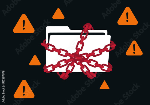 Secure data illustration. A file folder is chained, surrounded by warning symbols. ?Encrypt Data? and ?Hostage Secure? text highlights data protection. Modern, digital style.