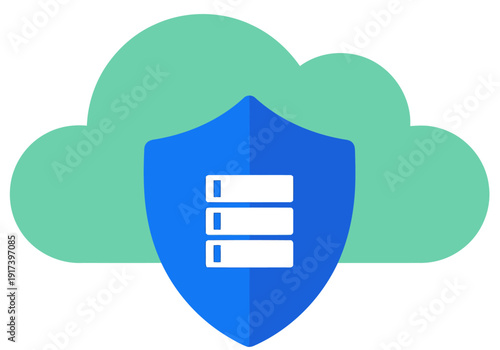 Secure cloud backup icon with a shield protecting data. Modern, teal and blue design. Ideal for IT, cybersecurity, and data protection visuals.