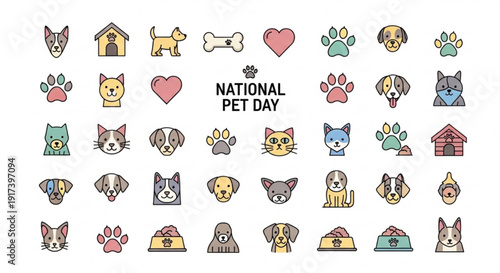 National pet day icons set with dogs cats paw prints and pet houses on white background