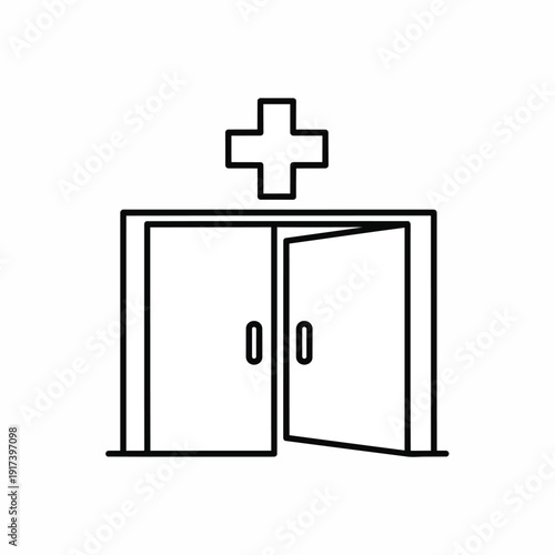 Hospital Entrance Doors With Medical Cross Icon