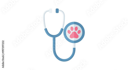 Veterinary stethoscope with pink paw print on white background for pet health check