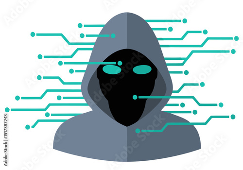 A stylized illustration depicts a hooded figure representing a cyber threat, overlaid with circuit board patterns. Modern, digital, and slightly ominous. Suitable for cybersecurity themes.
