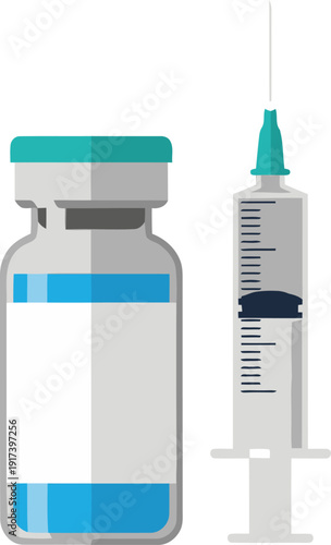 A stylized illustration depicts a vaccine vial and syringe, symbolizing healthcare and immunization. Clean, modern design with a dark background for visual impact.