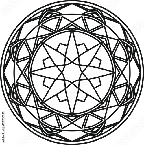 Intricate geometric pattern featuring interconnected shapes and lines within a circular design.
