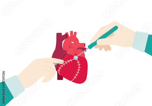 Surgeons perform bypass surgery using digital twin technology, precisely manipulating a heart model. Modern, detailed illustration.