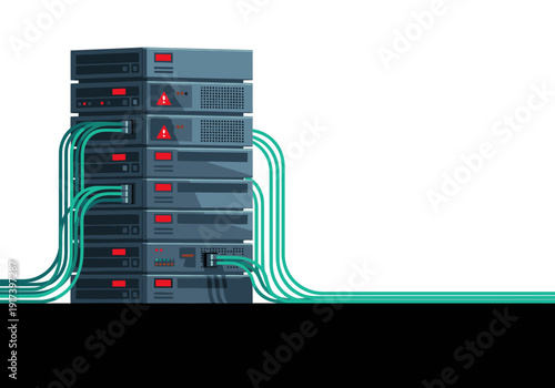 A stylized server rack illustration with data cables, conveying a server attack theme. Modern, digital art style. Suitable for tech and cybersecurity visuals.