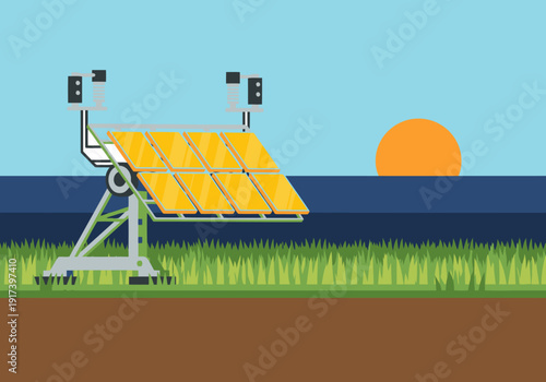 A vibrant solar tracker field tech illustration showcases a modern solar array, optimized for energy production. Clean lines and bright colors highlight sustainable energy solutions.