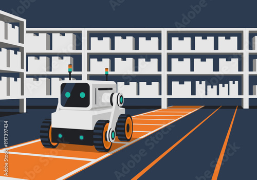 A white AMR robot navigates a warehouse aisle, showcasing automated path tracking. Modern, clean, and visually appealing for logistics and technology themes.