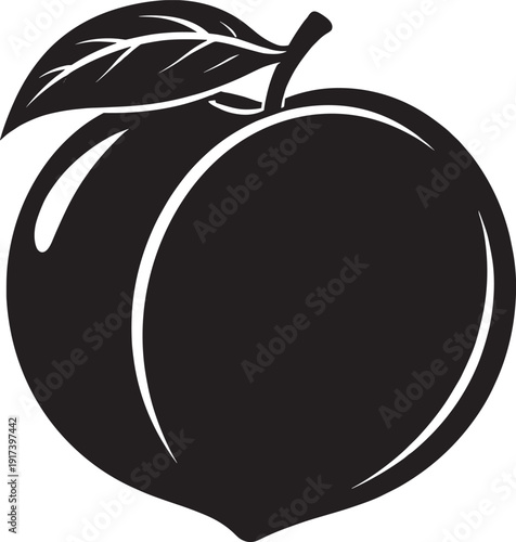 Peach fruit with leaf silhouette isolated on white background vector art