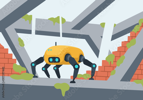 A yellow quadruped robot explores a futuristic, overgrown building. Bold colors and geometric design create a striking visual.