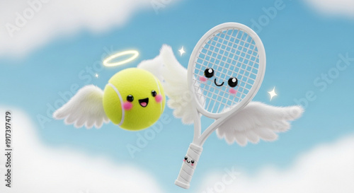 Tennis Racket and Ball with Angel Wings Floating in Sky