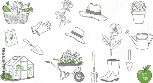 Hand Drawn Gardening Tools and Plants Vector Collection with Greenhouse, Wheelbarrow, Flowers, Hat and Farm Equipment Illustration Set