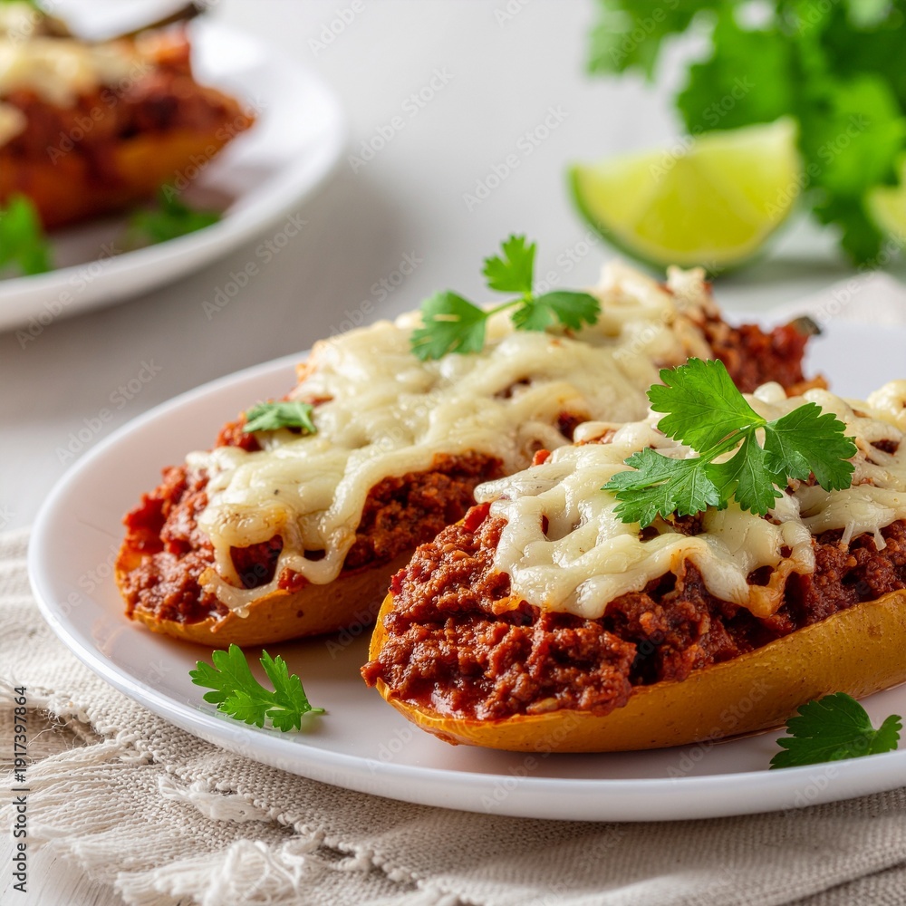 Fototapeta premium Savory Stuffed Potato Halves Baked with Seasoned Ground Meat and Melted Cheese