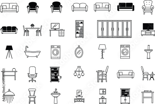 Home Furniture and Interior Icon Vector Set with Sofa, Chair, Table, Cabinet and Bathroom Elements Collection