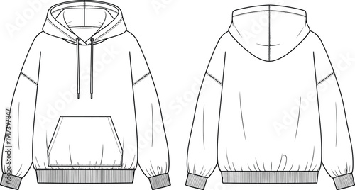 Vector technical fashion flat sketch of oversized hoodie sweatshirt with front and back views isolated on white background for apparel design templates.Vector technical fashion flat sketch of  