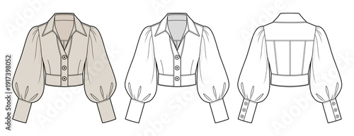 Warm Sand Cropped Collared Blouse Technical Fashion Illustration. Button-Front Shirt with Bishop Sleeves, Fitted Waist Seam and Deep Cuffs. Front and Back View CAD Vector Template. 