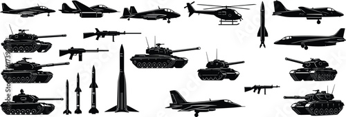 Military Vehicles and Weapons Silhouette Vector Set with Tanks, Fighter Jets, Helicopters, Missiles and Combat Equipment Collection Illustration
