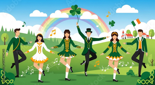 Group of people in traditional irish dance costumes performing outdoors under a rainbow with shamrocks and irish flags