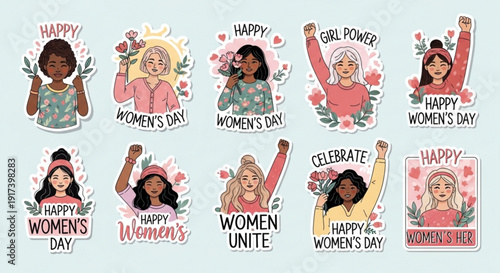 Diverse women celebrating women's day with empowering messages and floral illustrations on light blue background