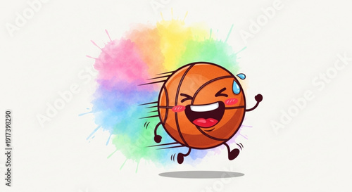 Smiling Basketball Character Running with Colorful Splash