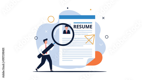 Professional recruiter uses a large magnifying glass to carefully inspect a resume document while searching for the perfect job candidate.