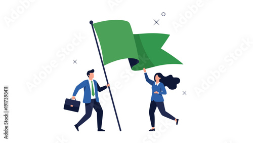 Two successful business partners hold a giant green flag together to symbolize achieving a significant goal and winning in a competition.