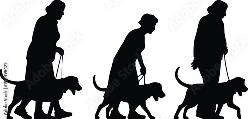 Black vector silhouette set of a woman walking her dog on a leash for pet care animal services domestic lifestyle and veterinary branding design (