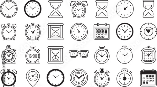 Time and Clock Icon Set, Minimal Black and White Vector Collection of Clocks, Timers, and Stopwatches