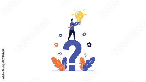 Determined businessman stands on top of a giant question mark while holding a glowing lightbulb to symbolize finding solutions to problems.