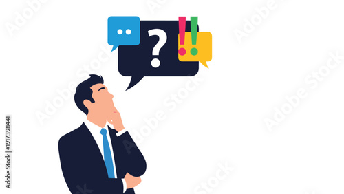 Thoughtful businessman looks up at various speech bubbles containing question and exclamation marks to represent effective communication.