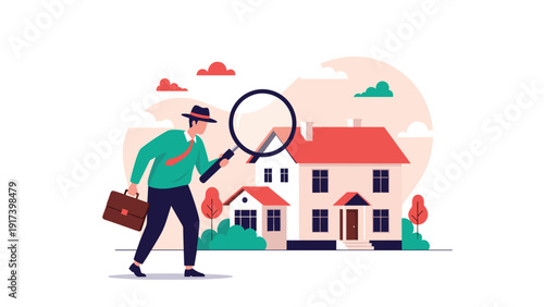 Professional real estate agent or buyer uses a large magnifying glass to inspect a suburban house to symbolize property evaluation process.