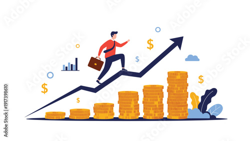 Energetic businessman running up rising arrow above growing stacks of gold coins representing rapid wealth and profit increase.