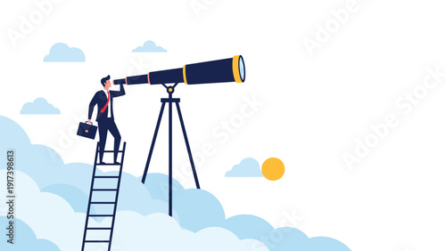 Businessman stands on high ladder above clouds using giant telescope to search for future business opportunities and vision.
