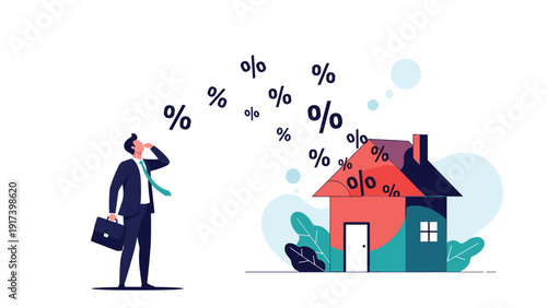 Pensive businessman looks at several percentage symbols falling onto a small house to represent the impact of interest rates on real estate.