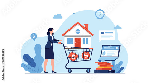 Businesswoman pushes shopping cart containing modern house and dollar coins symbolizing real estate investment and property buying.