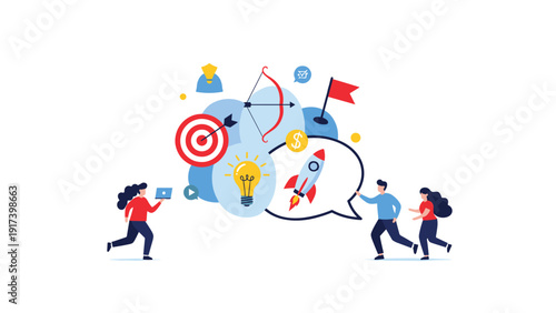 Diverse team of business professionals run toward various icons representing ideas, goals, startup success, and strategic achievement.