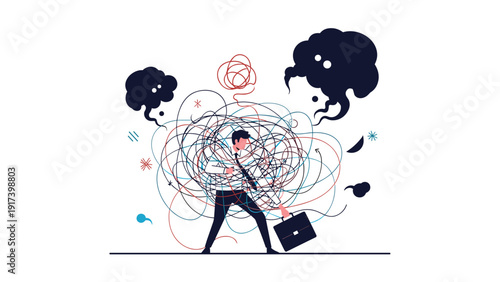 Stressed businessman stands in the center of a chaotic tangled mess of lines representing mental confusion and professional burnout at work.