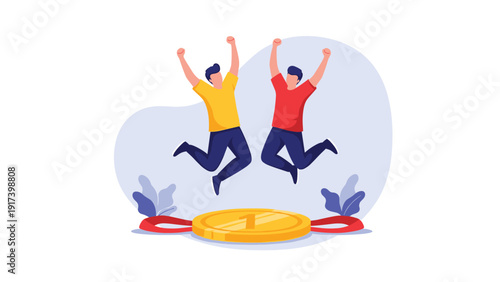 Two happy men jump high in the air for joy above a giant golden first place medal celebrating their shared victory and success.