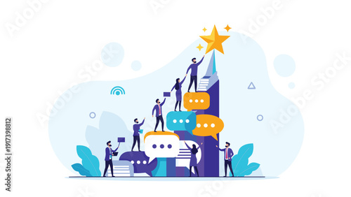 Team of professionals climb a staircase of colorful speech bubbles toward a giant golden star atop a building symbolizing shared success.