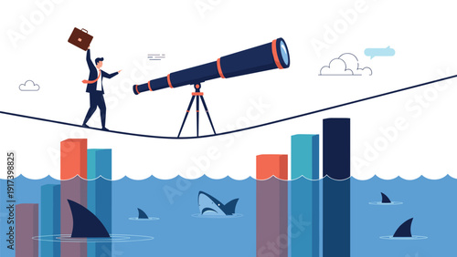 Brave businessman balances on a tightrope over shark-filled water while looking through a telescope to find future safe opportunities.