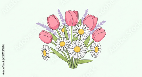 Happy dogs with medals and paw prints standing together in a row with green bushes and colorful ribbons