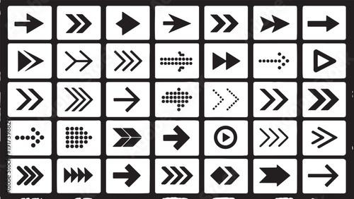 A clean and minimalist flat design vector illustration featuring a structured grid of 36 unique arrow icons arranged in four rows