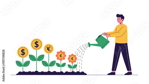Optimistic man uses a green watering can to nurture plants with gold dollar and euro coins representing financial growth and investment.