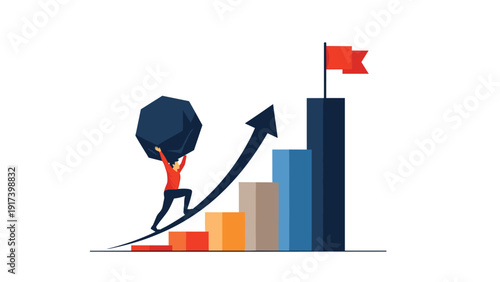 Determined businessman pushes a massive heavy rock up an inclined bar chart toward a red goal flag representing hard work and perseverance.