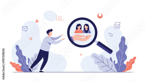 HR manager uses a giant magnifying glass to examine two female silhouettes as part of professional employee recruitment and talent search.