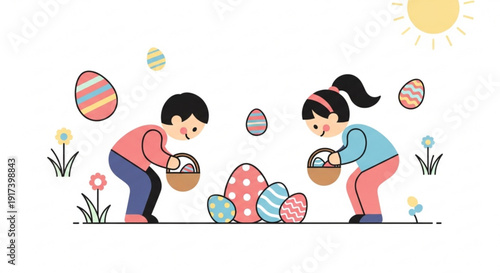 Two children picking up easter eggs on a sunny day with baskets and colorful flowers around them