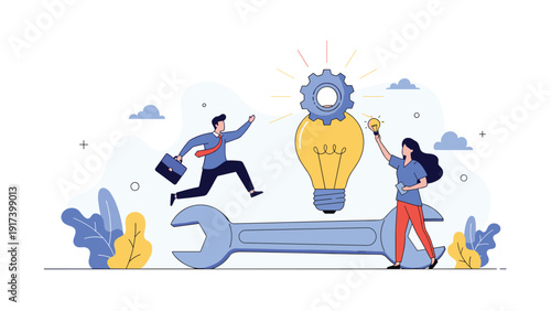 Professional team of man and woman work together to fix a giant light bulb using a gear and wrench representing innovative problem solving.