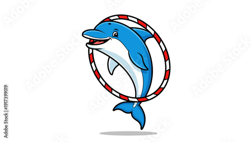 Cartoon dolphin jumping through a red and white striped hoop