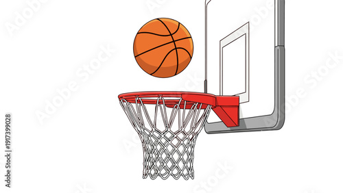 Cartoon depiction of an orange basketball descending toward a red rim and white net