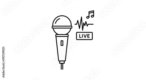 Microphone with live music performance symbols audio waveform and notes for live streaming and music events